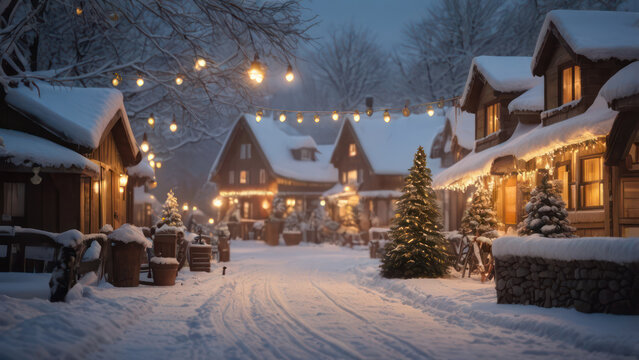 A peaceful, snow-covered village scene illuminated by street lamps and decorated with wreaths and Christmas lights. 