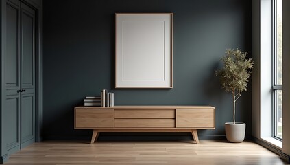 A framed artwork displayed on a dark accent wall in a modern office space, creating a professional and bold look for office-inspired designs.