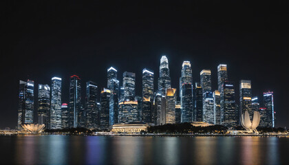 Naklejka premium The Singapore skyline is illuminated at night, showcasing the city's iconic skyscrapers