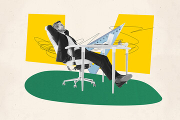 Composite photo collage of happy businessman lay chair workplace supplies laptop lazy break ruler...