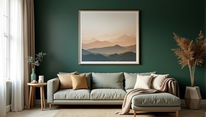 A framed artwork hanging on a dark green wall in a Scandinavian-style living room, bringing warmth and elegance to cozy interiors.