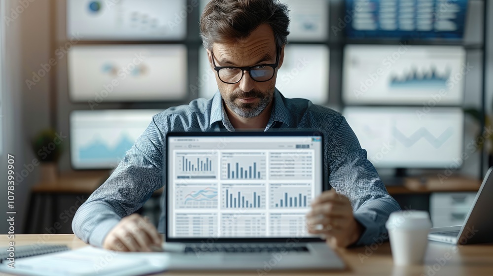 Poster A confident business professional working on a sleek laptop in a modern, slightly cluttered office, surrounded by multiple screens displaying data and billing automation processes.
