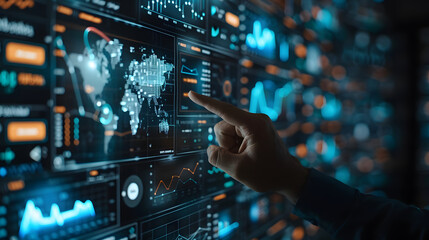Fototapeta premium Businessman is pointing on a hi technology futuristic digital screen with financial analytics