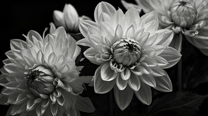 Black and white photo, A monochrome dahlia on a black background
