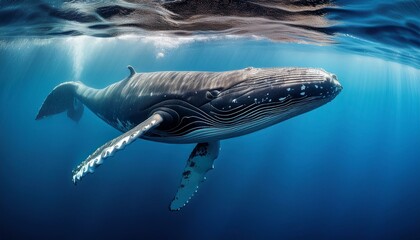 Majestic Humpback Whale Swimming Underwater Near Ocean Surface in Pristine Blue Sea
