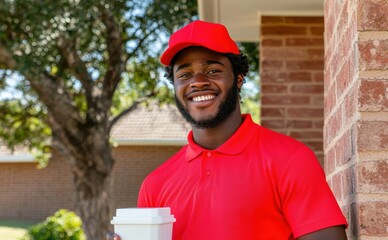 A delivery driver in a bright uniform smiles warmly while holding a package, standing on the doorstep of a suburban home