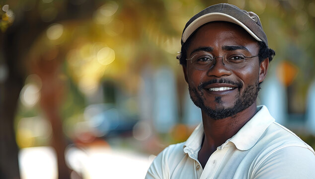 African 40's corporate golfer smart wearing polo shirt and cap, smiling.