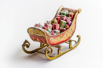 A beautifully crafted toy sleigh filled with colorful presents. This image captures the essence of holiday joy and festive spirit. Perfect for seasonal projects. Generative AI
