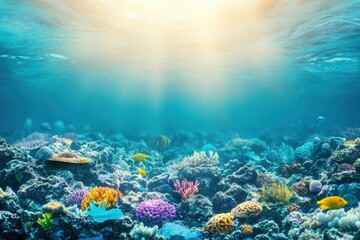 Obraz premium Vibrant coral reef teeming with marine life under sunny water surface in a tropical ocean