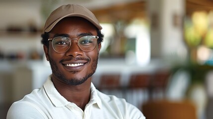 African 40's corporate golfer smart wearing polo shirt and cap, smiling.