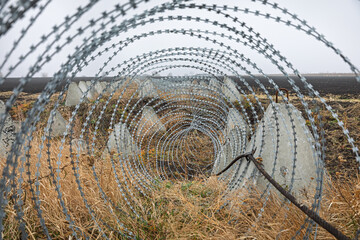 Kharkiv region fortifications. Anti-tank blocks with barbed wire