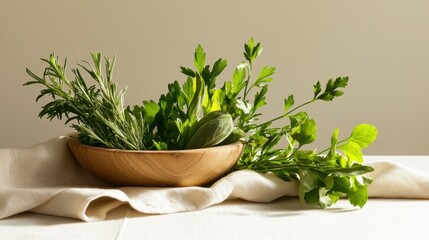 Fototapeta premium Artfully arranged fresh herbs create a serene culinary display