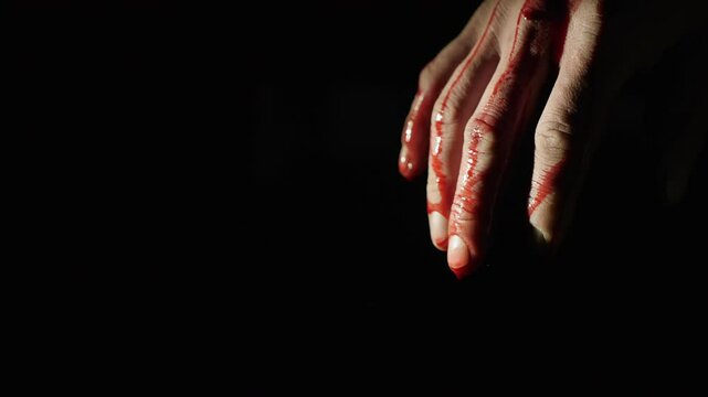 Close-up of a hand dripping blood against a dark background, creating a dramatic and emotional mood in the image