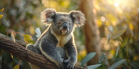 Koala sitting on eucalyptus tree and looking at camera