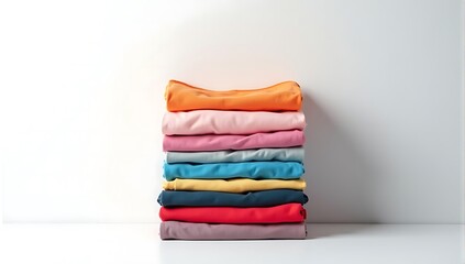 Stack of T-shirts in various colors arranged on a plain white background, ideal for showcasing color options in a clean, simple layout.