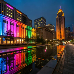 Obraz premium Colorful lights cascade off buildings.