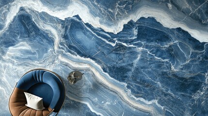Ocean-inspired marble with deep blue hues and soft white lines, creating a soothing, fluid pattern reminiscent of waves