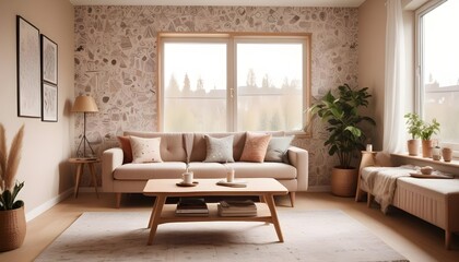 Scandinavian living room interior design zoom background,Doodle Galaxy patterned wallpaper graphics