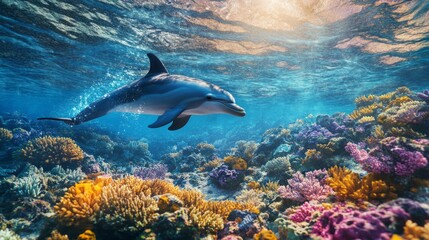 Fototapeta premium A dolphin is swimming in the ocean near a coral reef