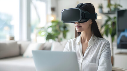 Businesswoman using virtual reality glasses at laptop