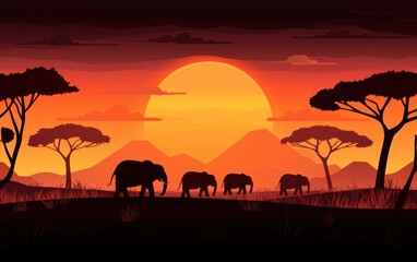 A vast savannah with herds of elephants silhouetted against the setting sun
