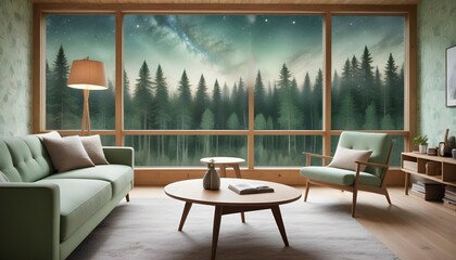 Fototapeta premium Scandinavian living room interior design zoom background,Doodle Galaxy patterned wallpaper graphics
