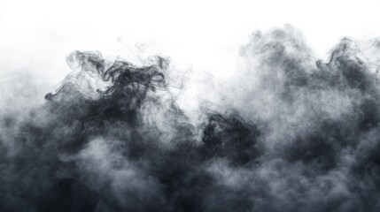 Black smoke with soft edges, forming a haunting and shadowy background, isolated on white