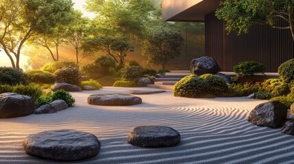 A serene Japanese zen garden with a modern building in the background, featuring a white gravel pathway, carefully placed rocks, and lush greenery, bathed in the warm glow of the rising sun.