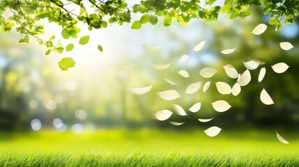 Green Grass  Falling Leaves  Blurred Background  Spring Nature