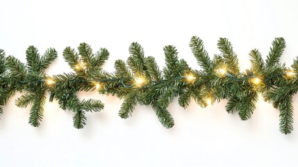 
Holiday-inspired seamless border with pine tree branches and glowing Christmas lights on a clean white background