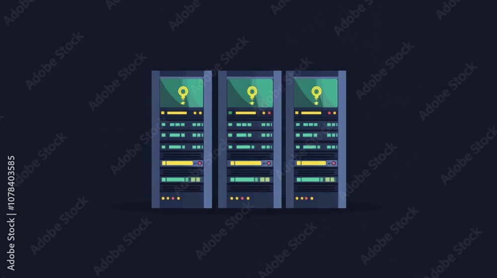 Poster three servers display blinking indicators against a dark backdrop, representing activity in a data c