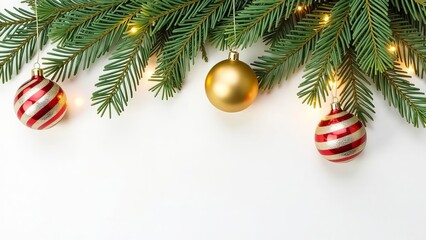 Spruce branches with Christmas balls on a white background.