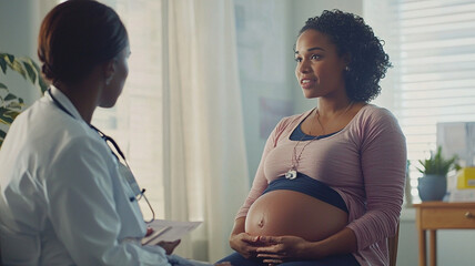 pregnant woman consulting with doctor in bright room