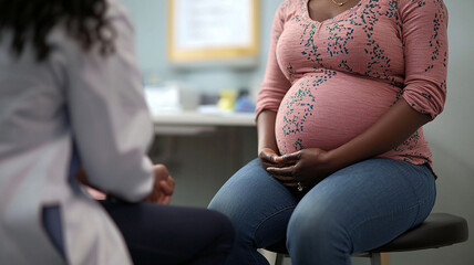 Close up of pregnant woman stomach during doctor visit, showing care and anticipation