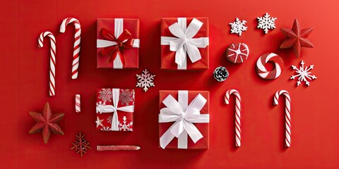 Flat lay of festive Christmas gift boxes with red wrapping, white ribbon, candy canes, and decorative stars and snowflakes on a vibrant red background.