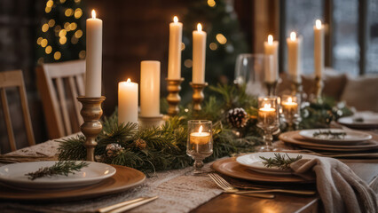 festive dining table beautifully arranged with pine branches, golden candles, pine cones