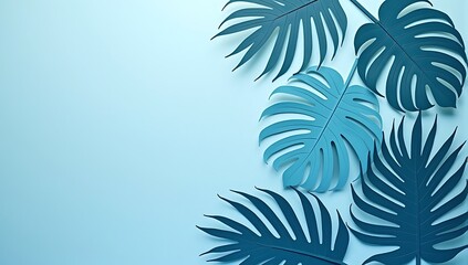 Collection of tropical leaves background, foliage plant in blue color, minimalist design, palm fronds, monstera leaf, negative space, soft shadows