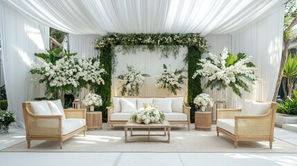 Elegant Wedding Ceremony Decor with White Flowers and Canopies