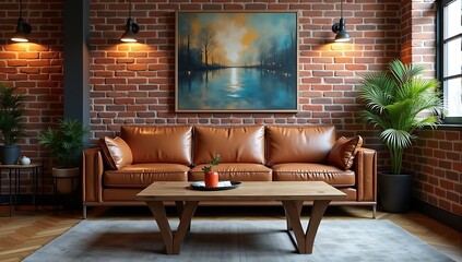 Leather sofa set against an exposed brick wall with industrial lighting and a rustic coffee table, creating a modern, urban loft atmosphere.