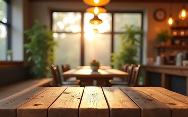 Rustic wooden table close-up, blurred cozy kitchen background, warm ambient lighting