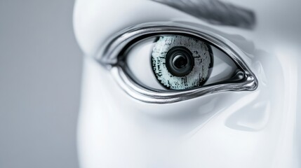 Robotic eye reflects market shifts; real-time data; surveillance theme Use a grayscale palette 
