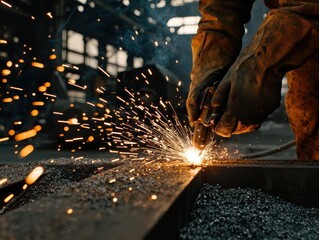 A welder works on a steel frame in a dimly lit factory, sparks flying from their welding torch in a mesmerizing display