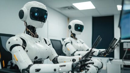 Robotics software engineers coding platforms to control and simulate robotic operations