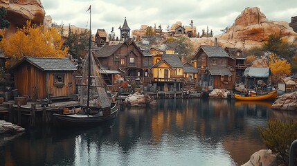 Fototapeta premium A picturesque village with wooden houses, a sailboat, and a calm lake in the foreground.