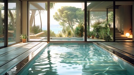 Obraz premium Modern indoor pool with big glass windows and slide door front a house terrace.