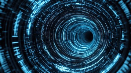 Fototapeta premium Abstract digital tunnel with glowing blue lines and black background.