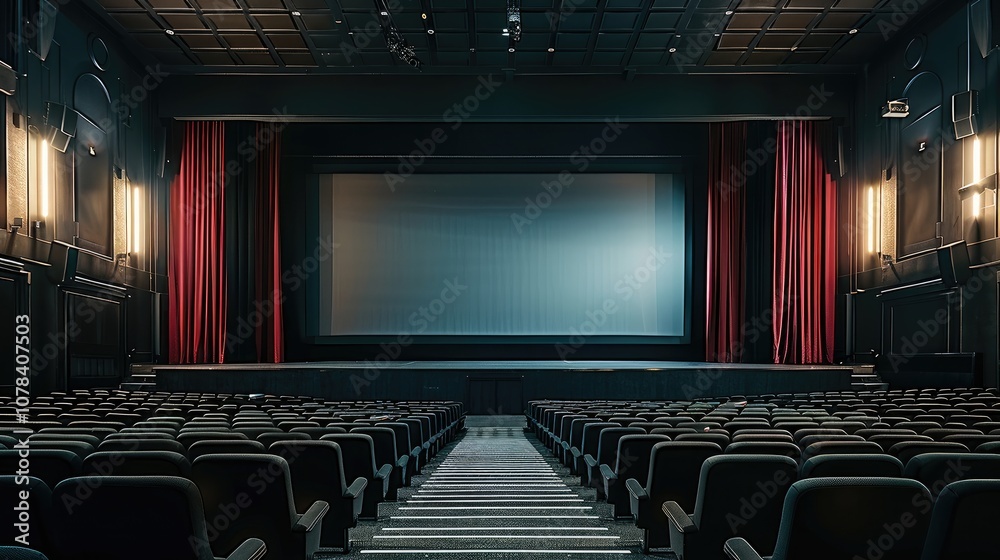 Aufkleber A large black screen in front of an empty cinema hall with rows of chairs, all on a black background.
