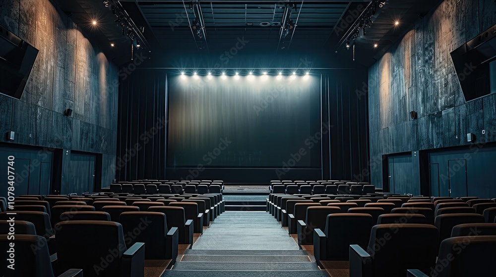 Poster a large black screen in front of an empty cinema hall with rows of chairs, all on a black background