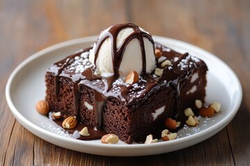A chocolate brownie topped with vanilla ice cream chocolate sauce nuts and white powder on a white plate on a wooden table