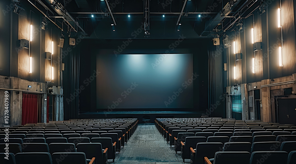 Poster a large black screen in front of an empty cinema hall with rows of chairs, all on a black background